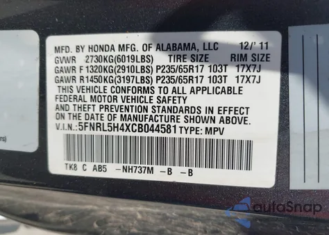 2012 Honda Odyssey Ex z USA, uszkodzony, nr VIN 5FNRL5H4XCB044581